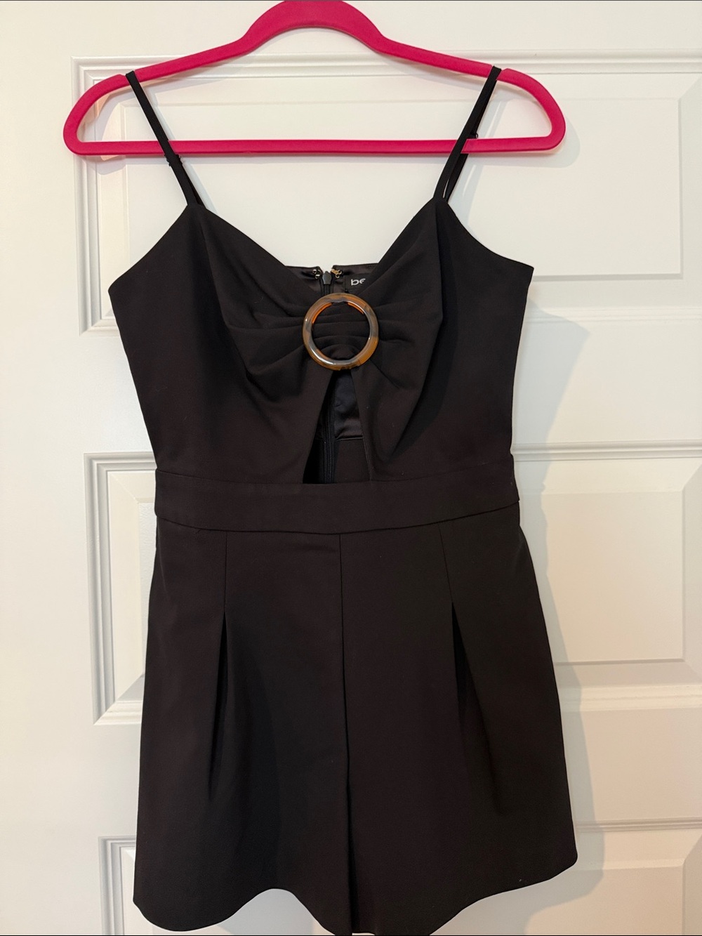 Black Spaghetti-Strap Romper with Tortoiseshell Ring